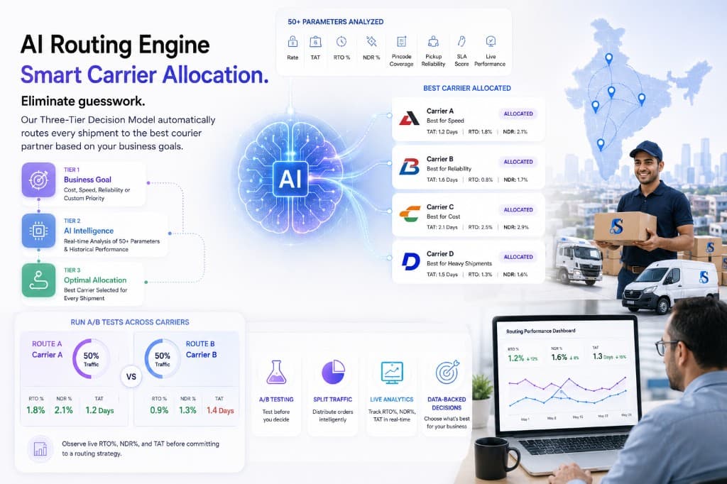 AI Routing Engine three-tier decision model with 50+ parameters and carrier allocation