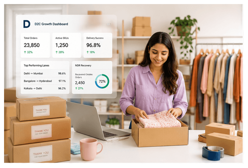 D2C brand packing orders with Dispatch growth dashboard for SKUs, lanes, and NDR recovery
