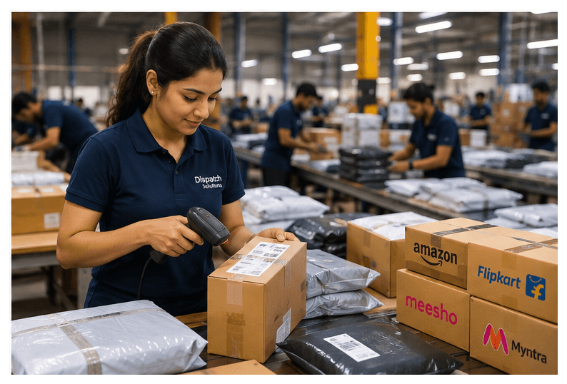 Marketplace seller scanning high-volume parcels on warehouse floor