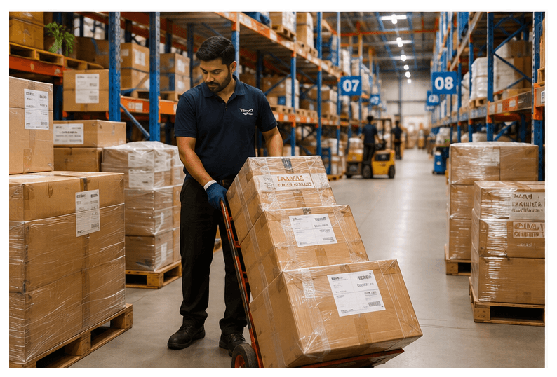 Wholesale ops moving multi-packet freight in warehouse aisle