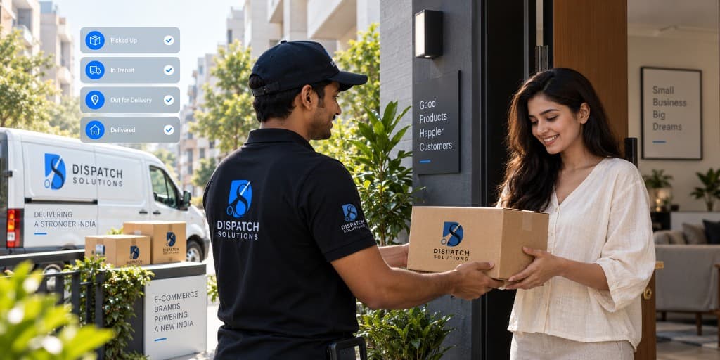 Dispatch Solutions courier handing a branded parcel to a customer at the doorstep