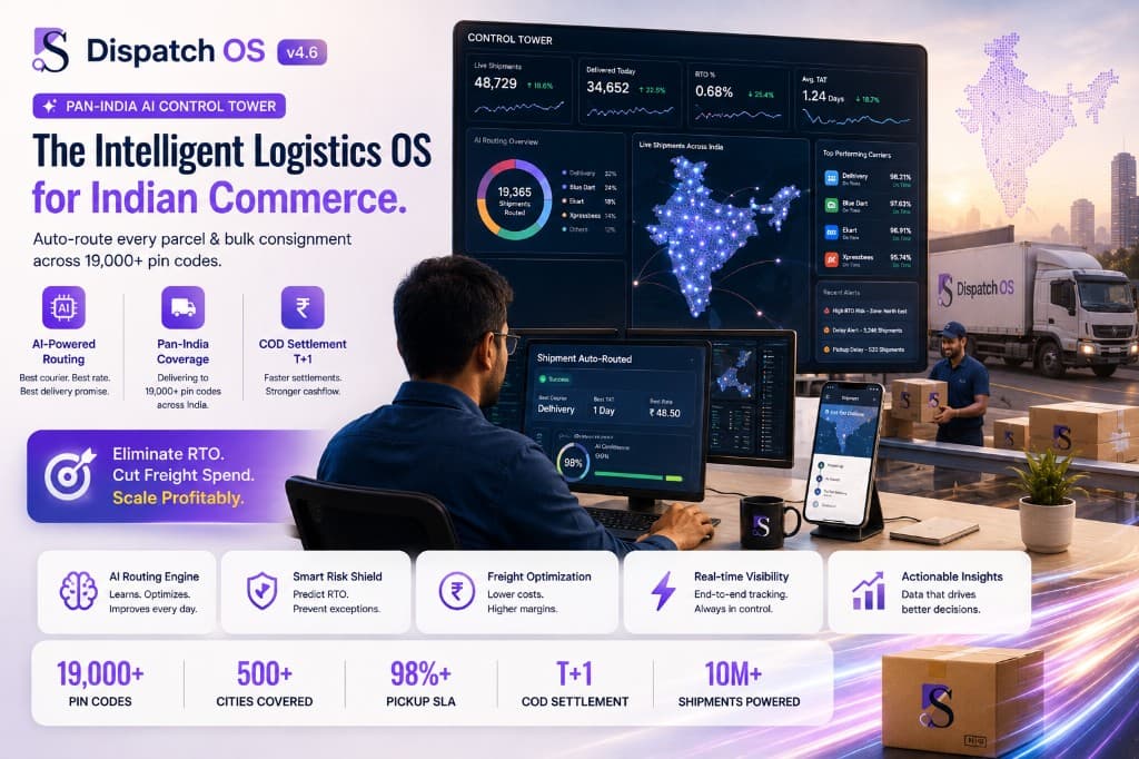 Dispatch OS v4.6 Pan-India AI Control Tower — live routing dashboard, multi-carrier allocation, and COD settlement