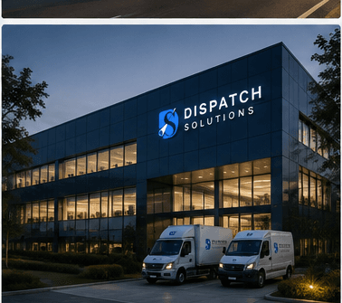 Dispatch Solutions headquarters and branded fleet at dusk