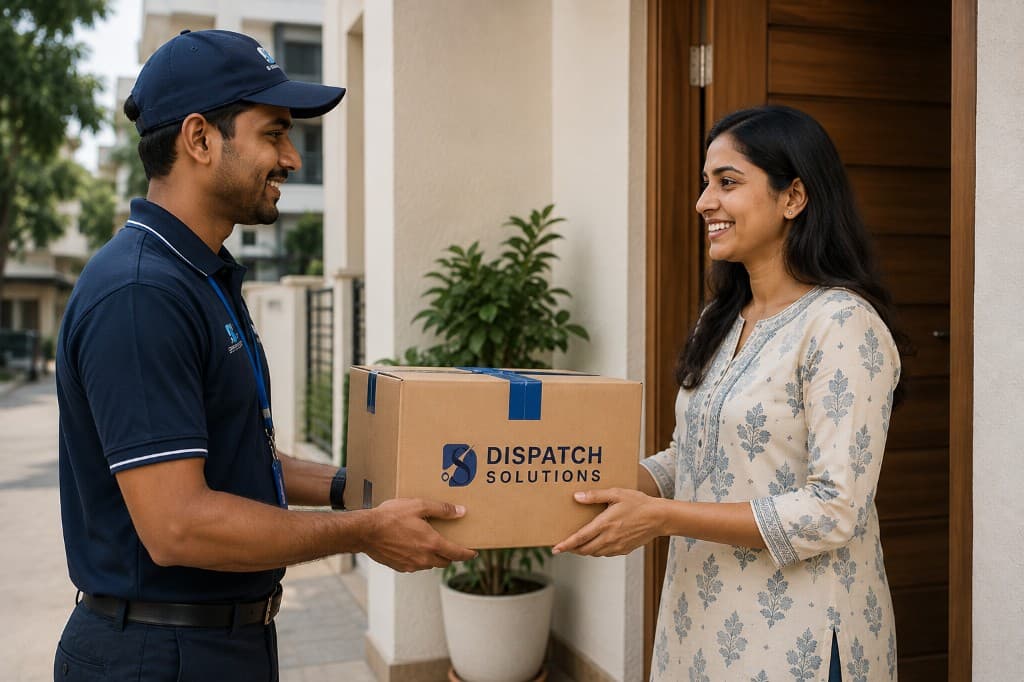 Dispatch courier handing branded parcel to customer at doorstep