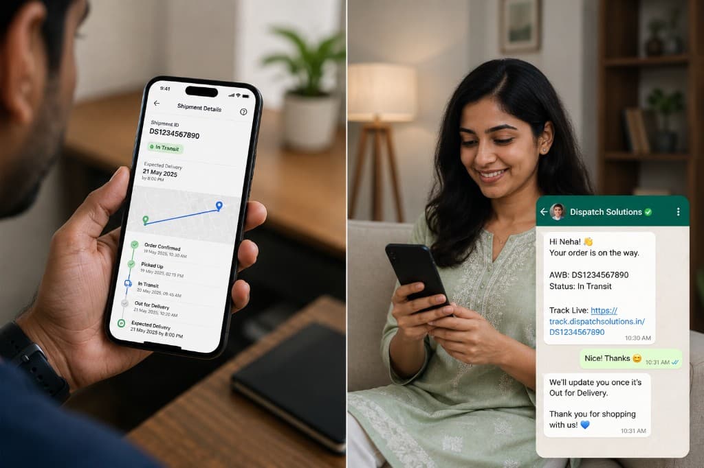 Live shipment tracking on mobile with In Transit status and WhatsApp buyer updates