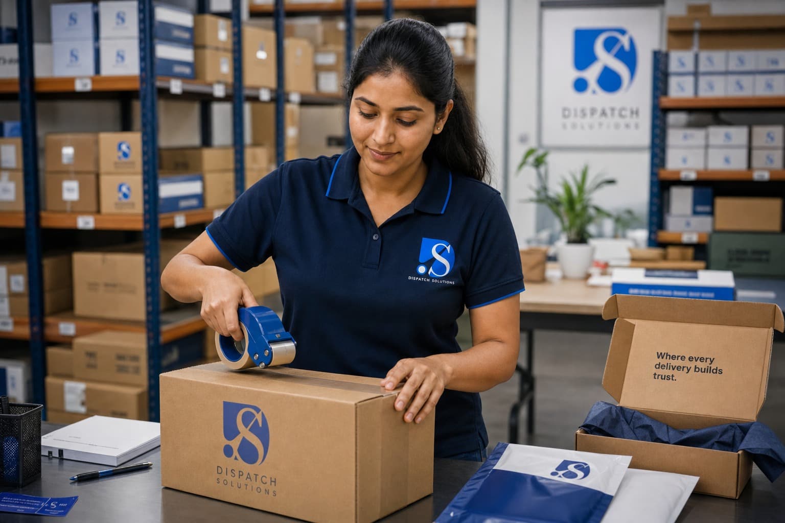 D2C brand associate packing parcels in a Dispatch uniform
