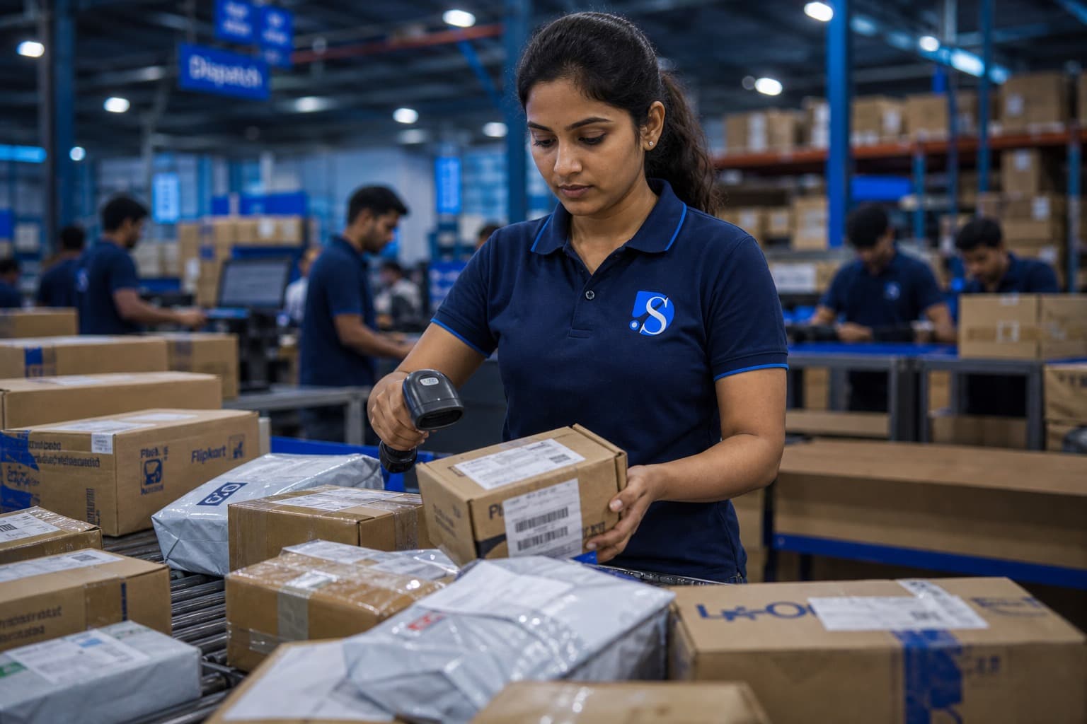 Marketplace seller scanning high-volume parcels on the floor