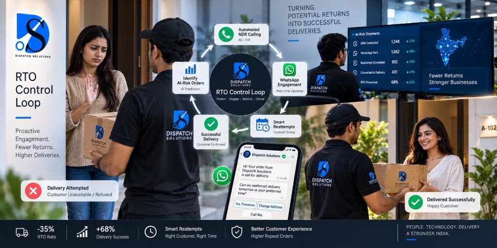 RTO control loop from failed attempt through WhatsApp reattempt to successful delivery