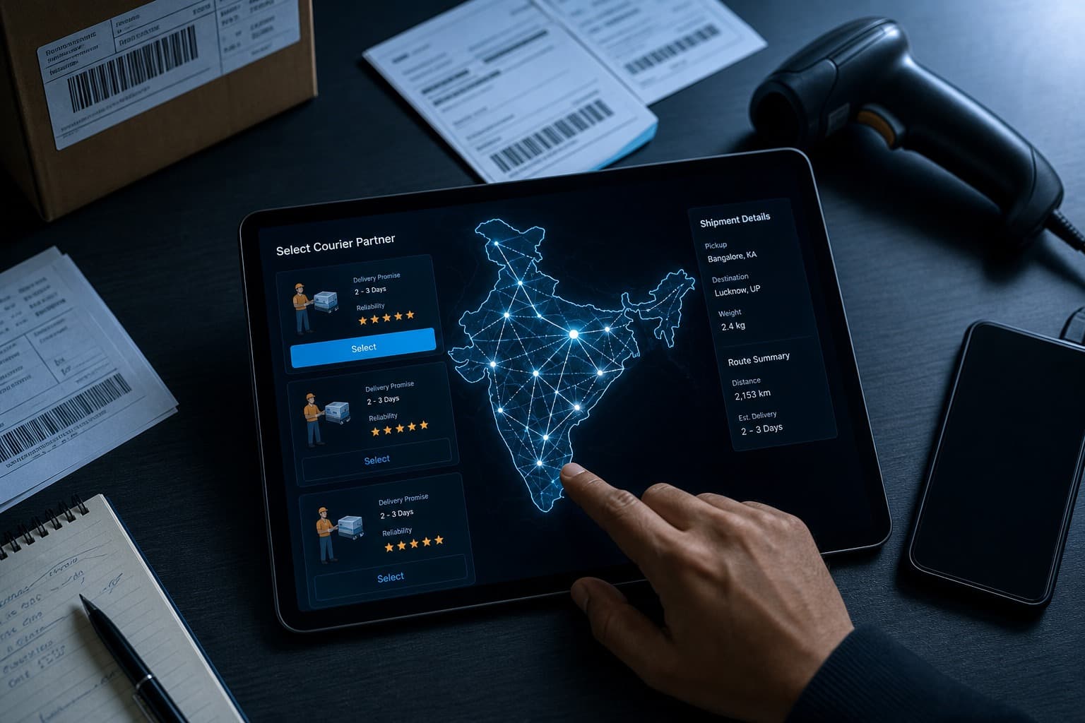 Ops desk allocating couriers across lanes on a tablet